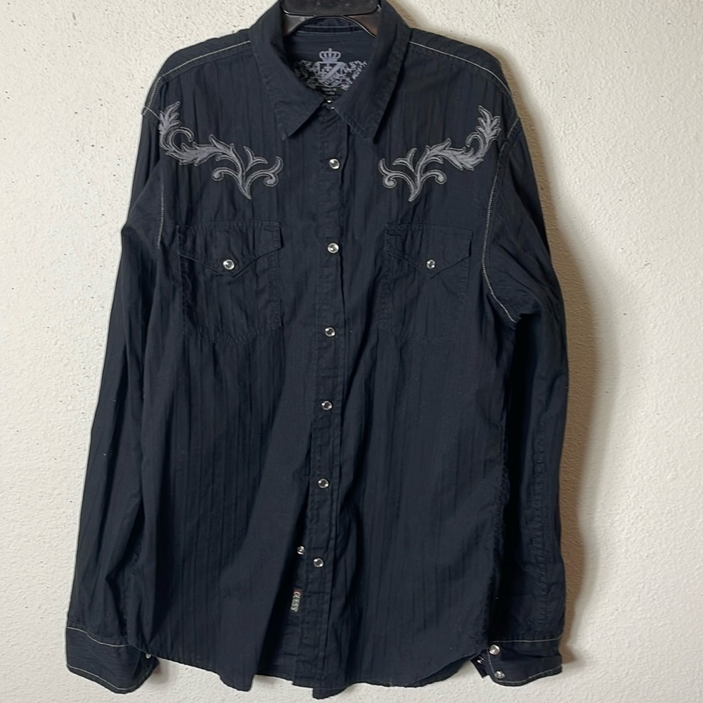 XY2K Guess Mens Black Pearl Snap Long Sleeve Button Up Embroidery Grunge 00 L